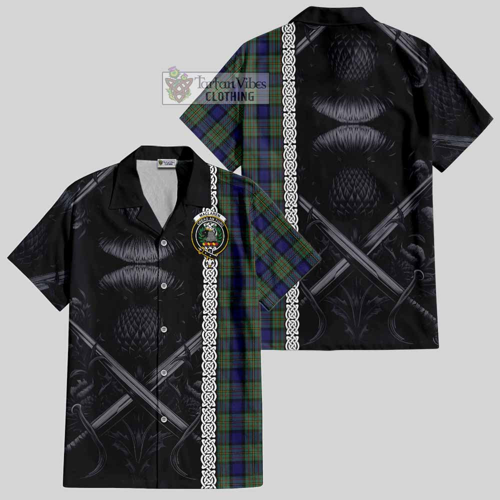 Tartan Vibes Clothing MacLaren (McLaren) Tartan Short Sleeve Button Shirt with Family Crest Cross Sword Thistle Celtic Vibes