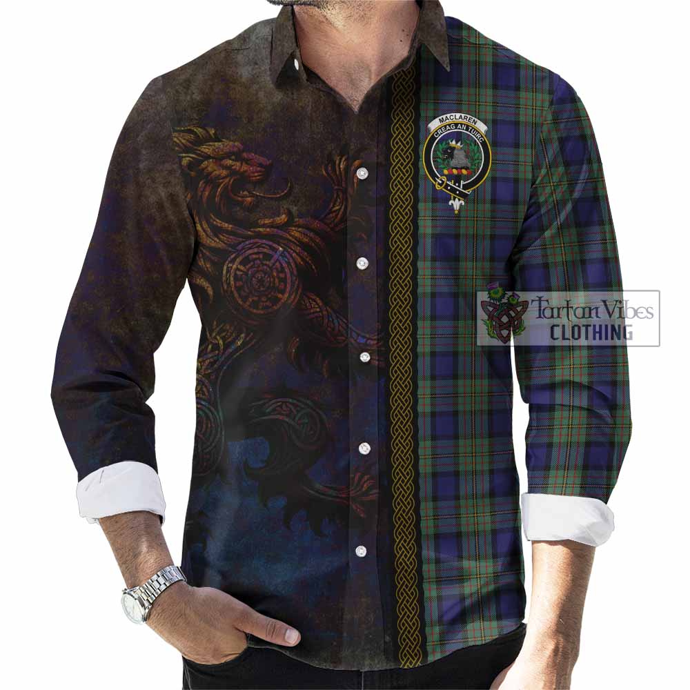 Tartan Vibes Clothing MacLaren (McLaren) Tartan Family Crest Long Sleeve Button Shirt Alba Gu Brath Be Brave Lion Ancient Style