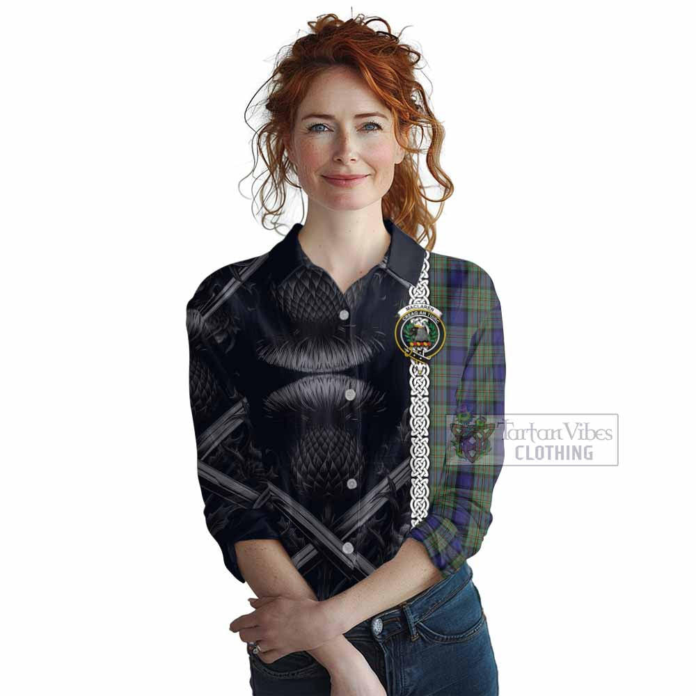 Tartan Vibes Clothing MacLaren (McLaren) Tartan Women's Casual Shirt with Family Crest Cross Sword Thistle Celtic Vibes
