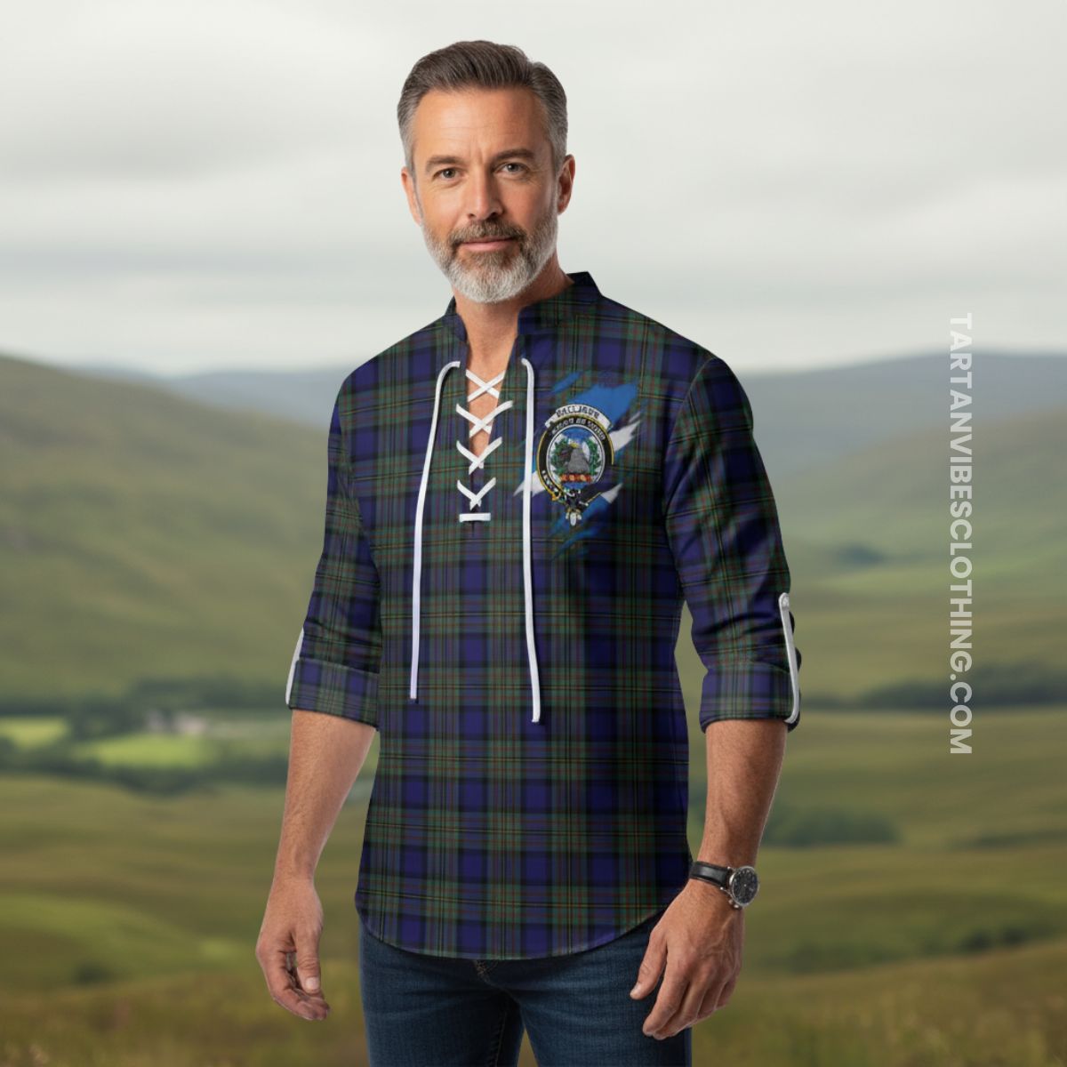 MacLaren (McLaren) Clan Crest In Me Tartan Ghillie Shirt Scotland Flag Style