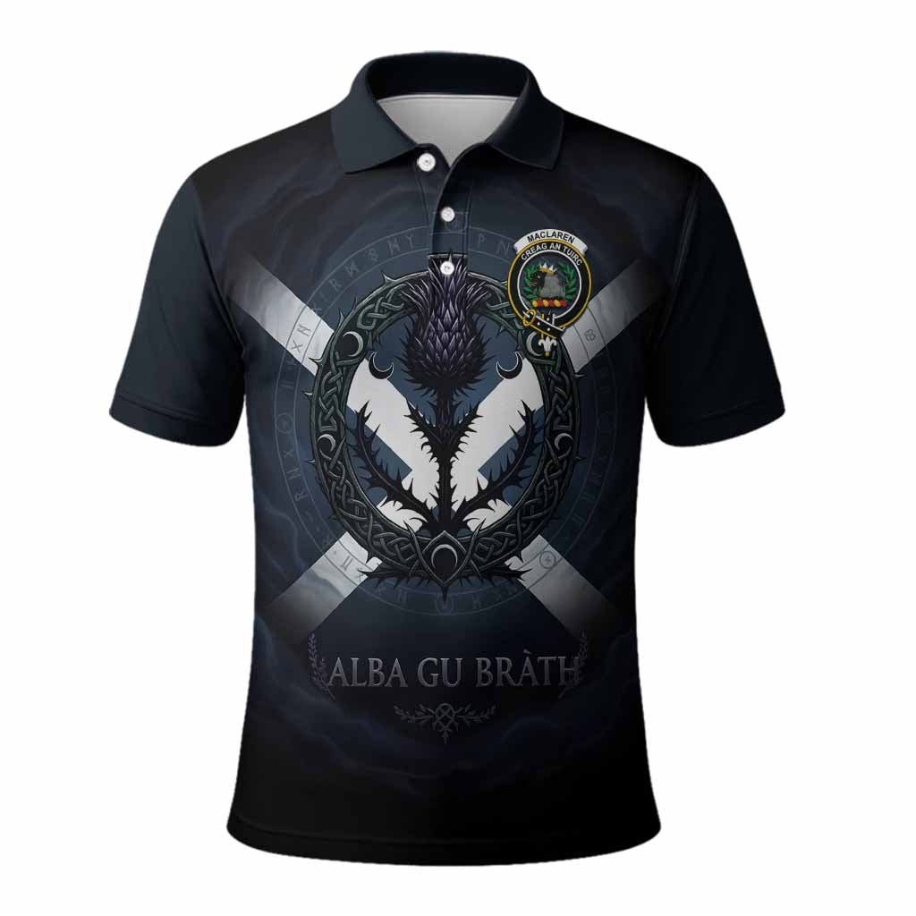 MacLaren (McLaren) Clan Crest Polo Shirt with Celtic Knot Thistle and Saltire