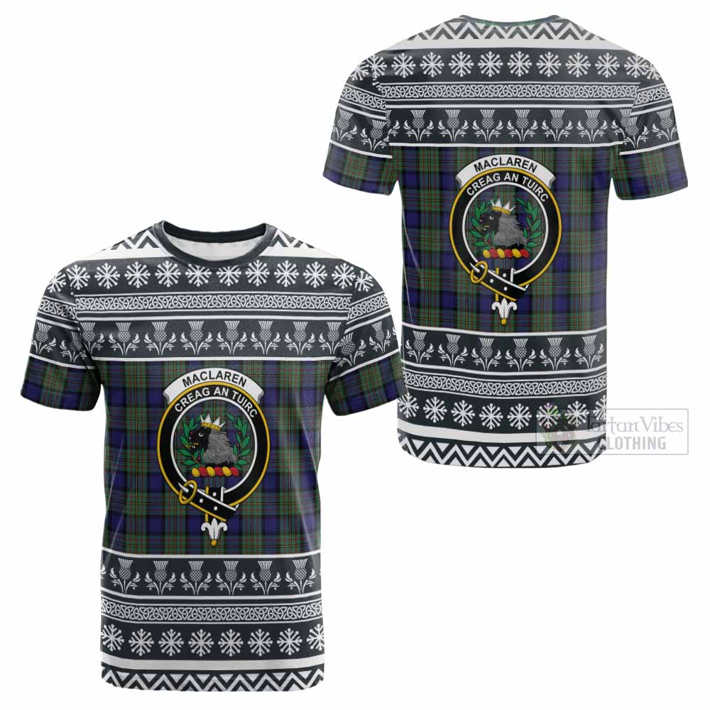 MacLaren (McLaren) Clan Tartan Christmas Cotton T-shirt with Family Crest - Tartan Vibes Clothing