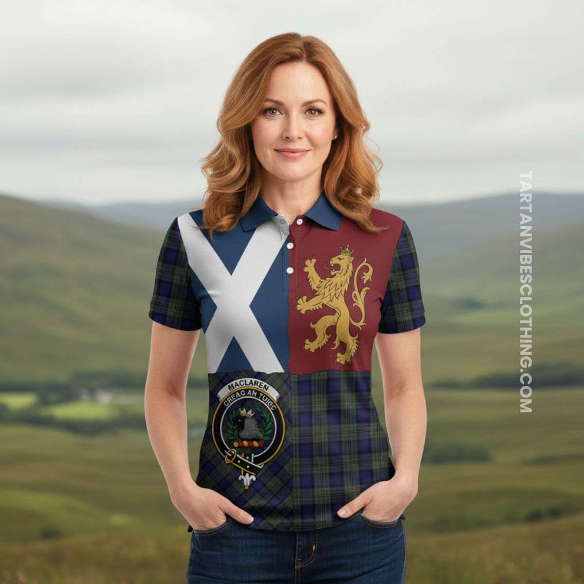 MacLaren (McLaren) Crest Tartan Women Polo Shirt with Lion Rampant Saltire Style