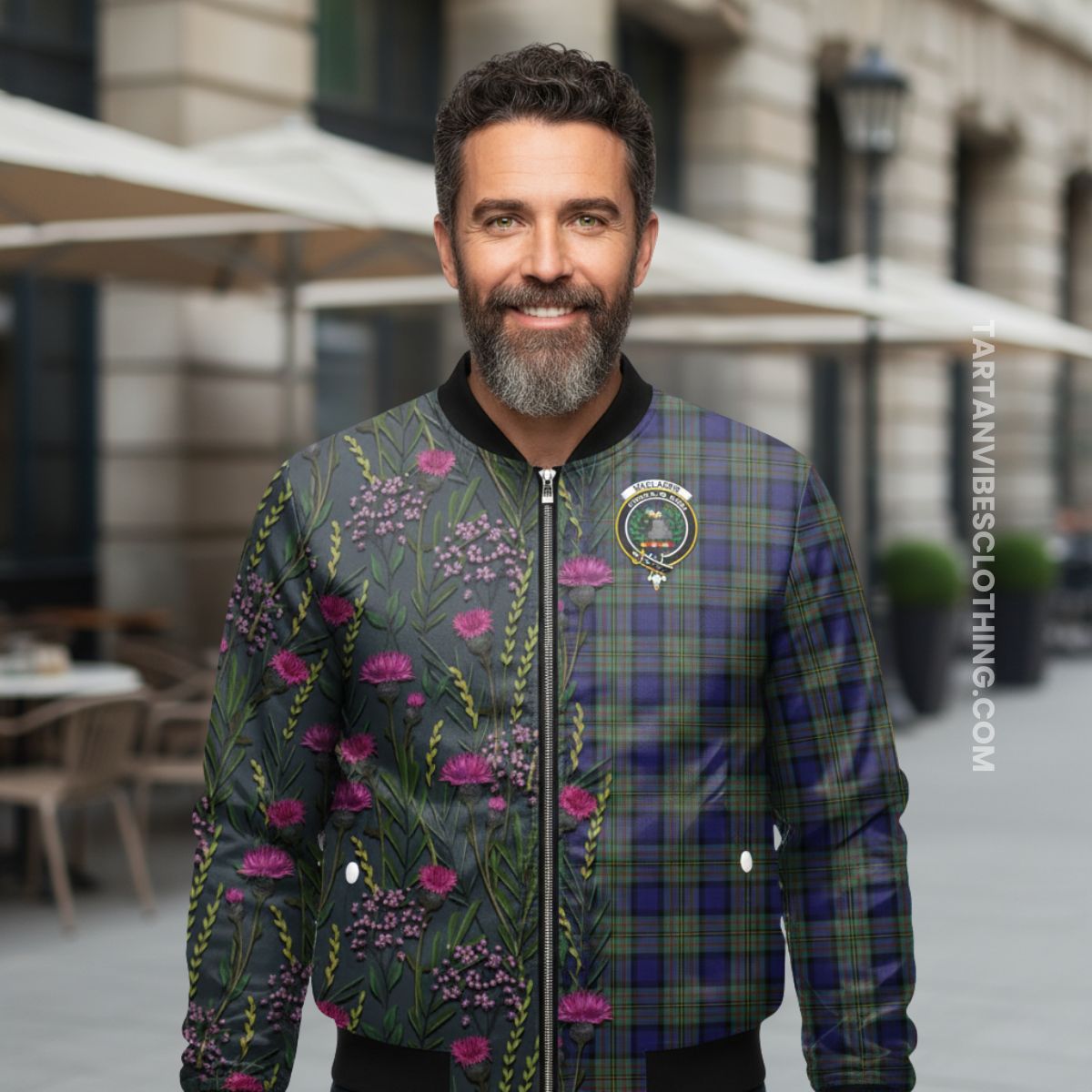 MacLaren (McLaren) Family Crest Tartan Bomber Jacket Scottish Thistle Flower Pattern Half Style
