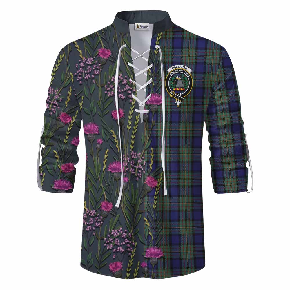 MacLaren (McLaren) Family Crest Tartan Ghillie Shirt Scottish Thistle Flower Pattern Half Style - Tartan Vibes Clothing
