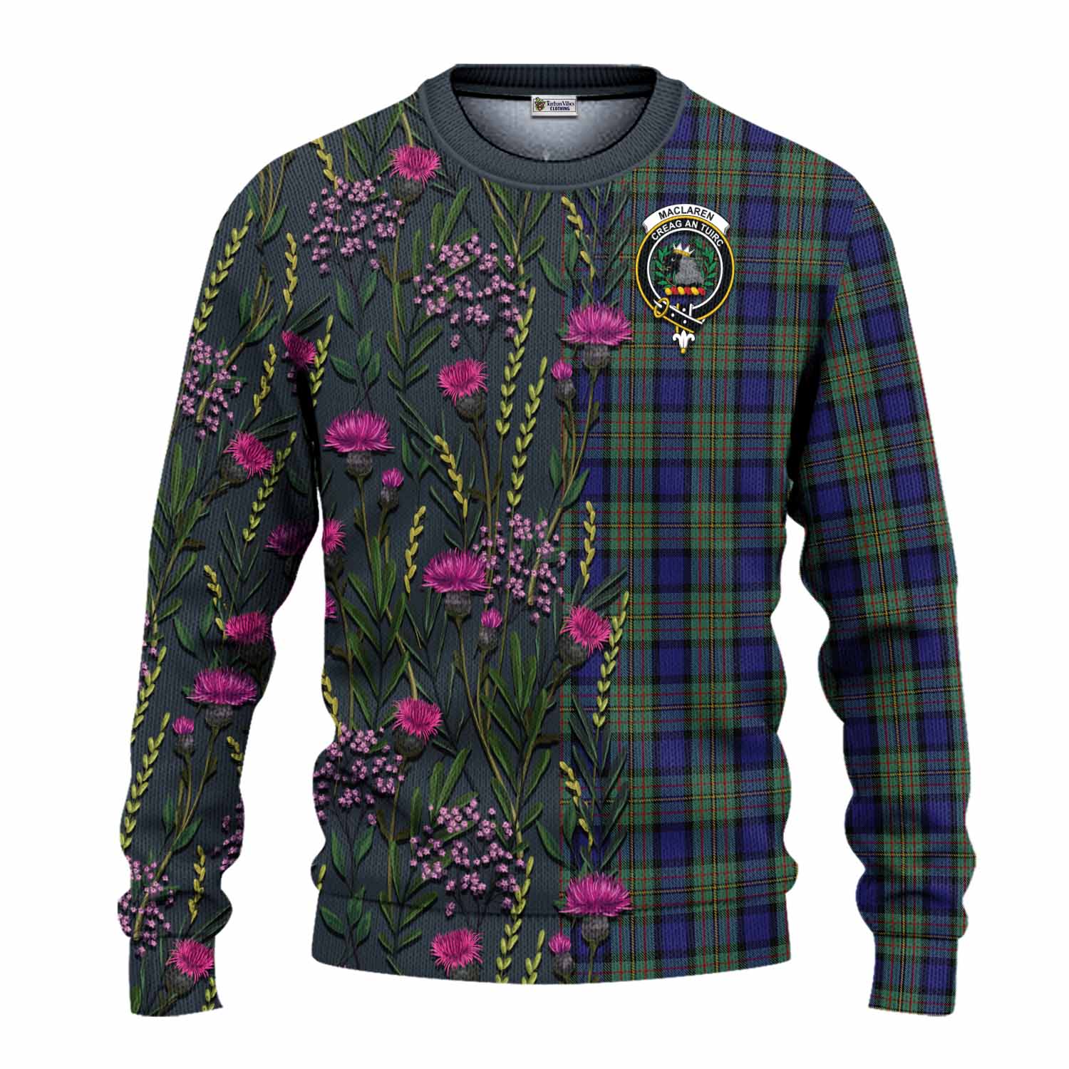 MacLaren (McLaren) Family Crest Tartan Knitted Sweater Scottish Thistle Flower Pattern Half Style - Tartan Vibes Clothing