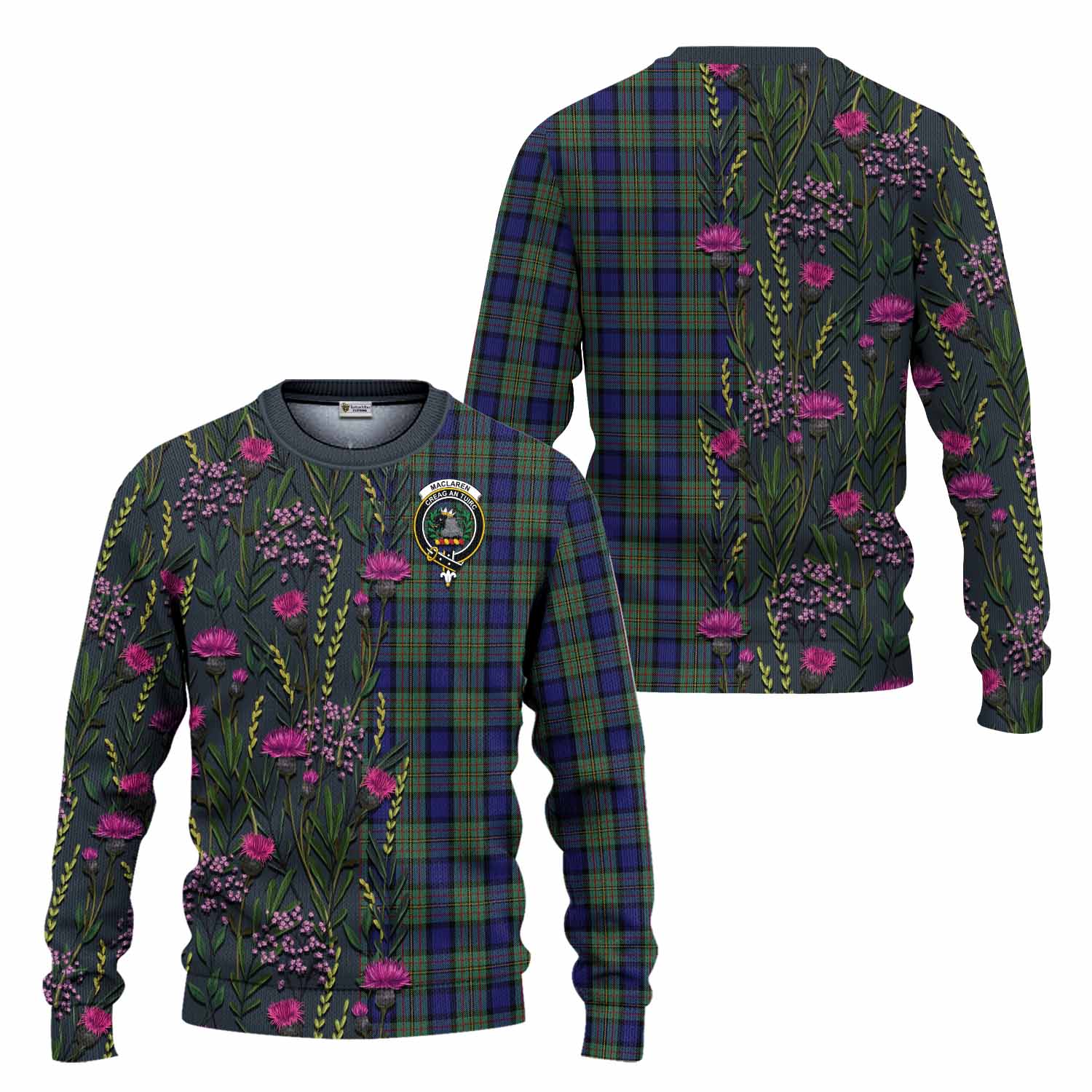 MacLaren (McLaren) Family Crest Tartan Knitted Sweater Scottish Thistle Flower Pattern Half Style - Tartan Vibes Clothing