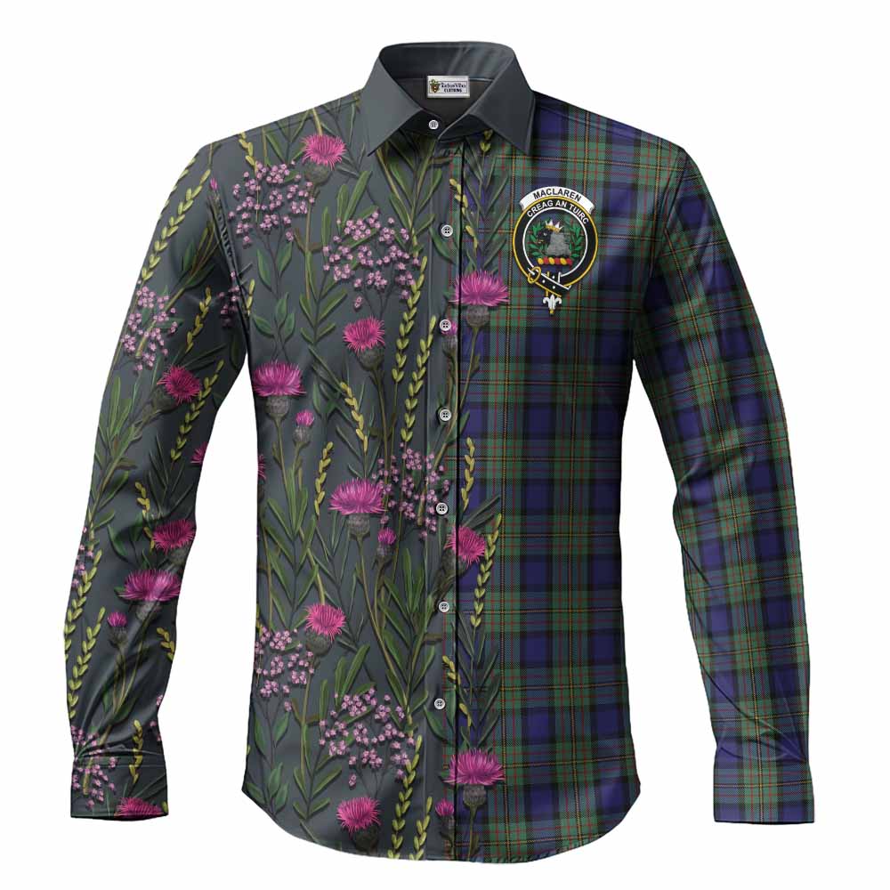 MacLaren (McLaren) Family Crest Tartan Long Sleeve Button Shirts Scottish Thistle Flower Pattern Half Style - Tartan Vibes Clothing