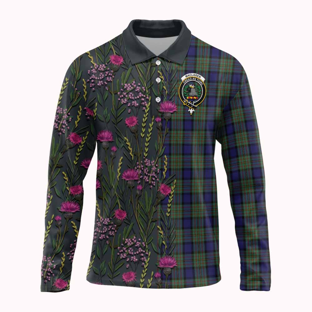 MacLaren (McLaren) Family Crest Tartan Long Sleeve Polo Shirt Scottish Thistle Flower Pattern Half Style - Tartan Vibes Clothing