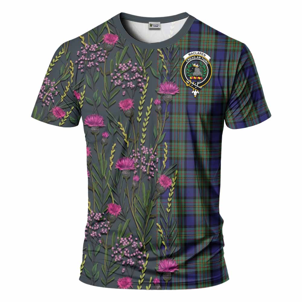 MacLaren (McLaren) Family Crest Tartan T-Shirt Scottish Thistle Flower Pattern Half Style - Tartan Vibes Clothing