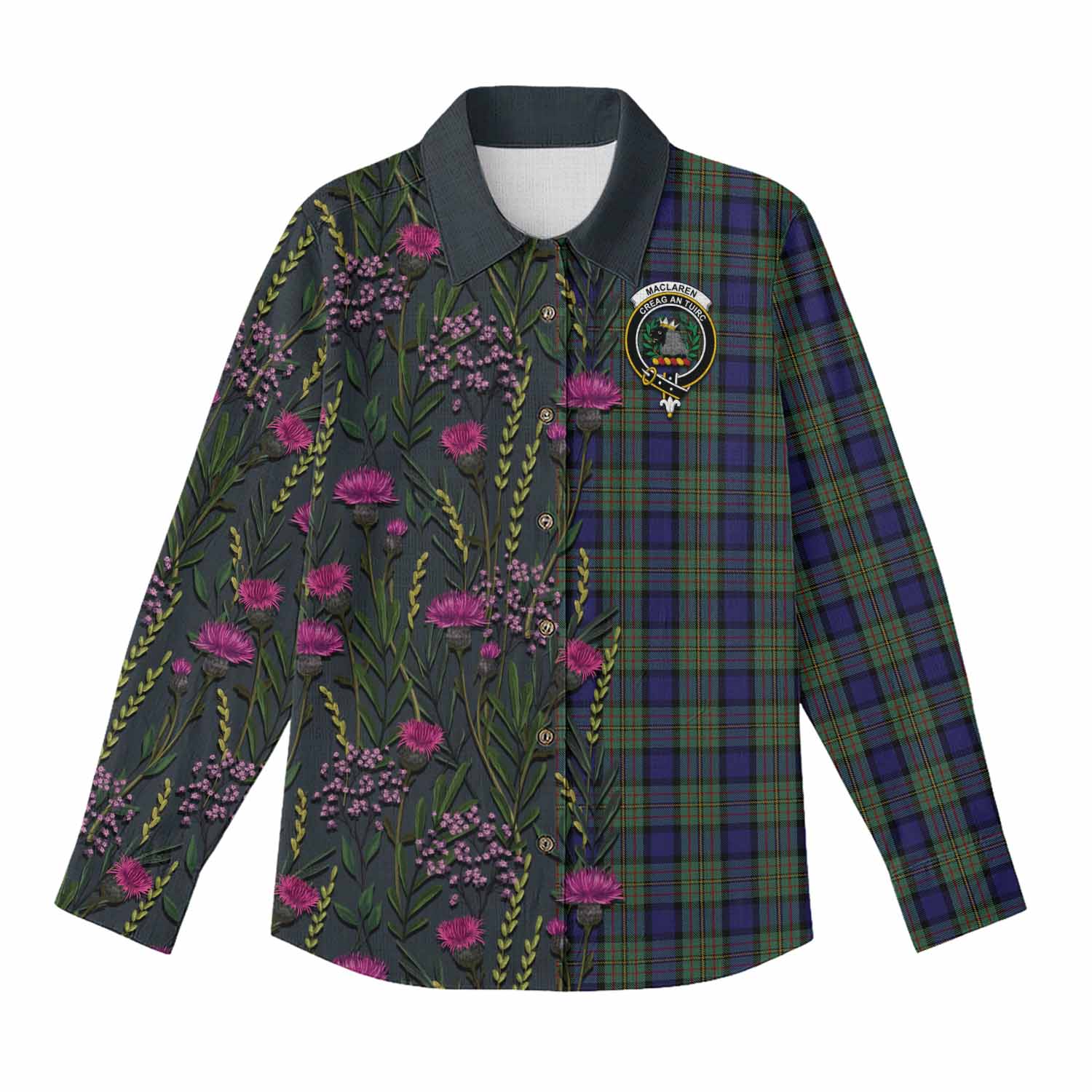 MacLaren (McLaren) Family Crest Tartan Women Casual Shirt Scottish Thistle Flower Pattern Half Style - Tartan Vibes Clothing