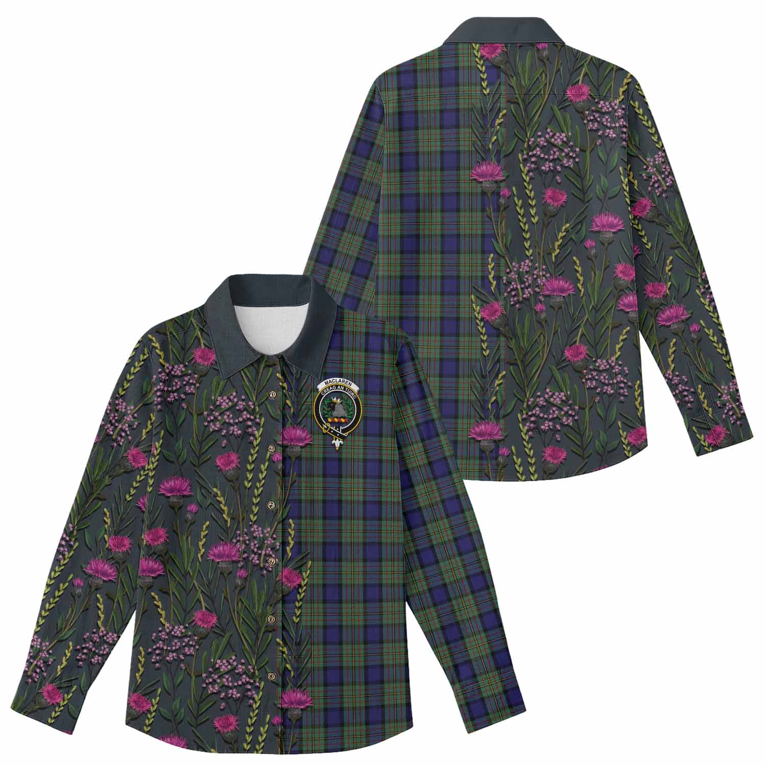 MacLaren (McLaren) Family Crest Tartan Women Casual Shirt Scottish Thistle Flower Pattern Half Style - Tartan Vibes Clothing