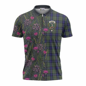 MacLaren (McLaren) Family Crest Tartan Zipper Polo Shirt Scottish Thistle Flower Pattern Half Style