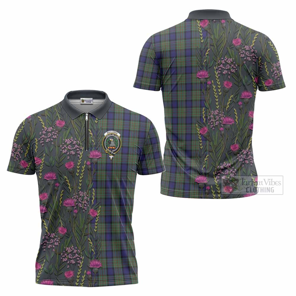 MacLaren (McLaren) Family Crest Tartan Zipper Polo Shirt Scottish Thistle Flower Pattern Half Style - Tartan Vibes Clothing