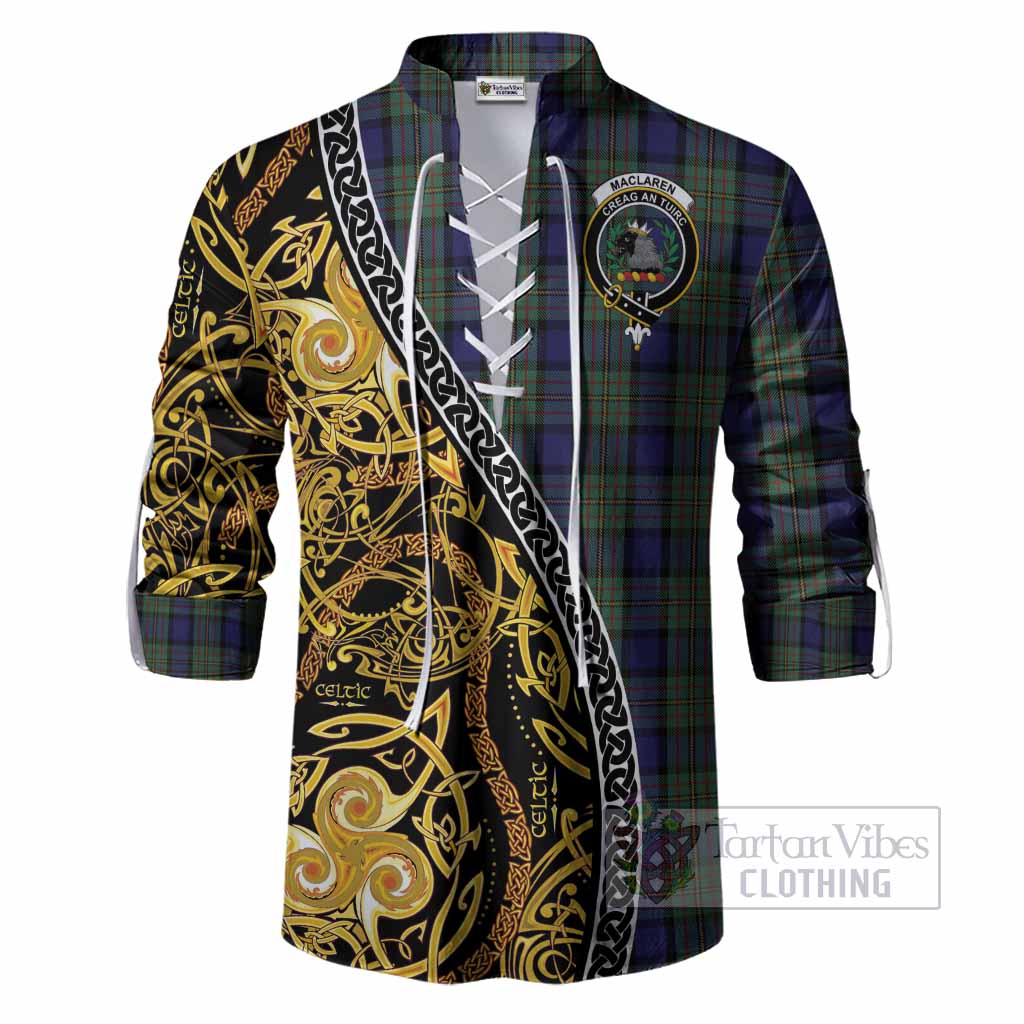MacLaren (McLaren) Tartan Crest Ghillie Shirt Celtic Knot and Triple Trickle Spiral Symbols