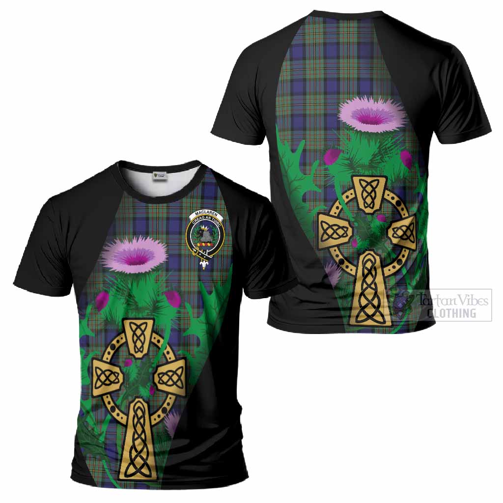 MacLaren (McLaren) Tartan Crest T-Shirt Celtic Cross Thistle Flowers