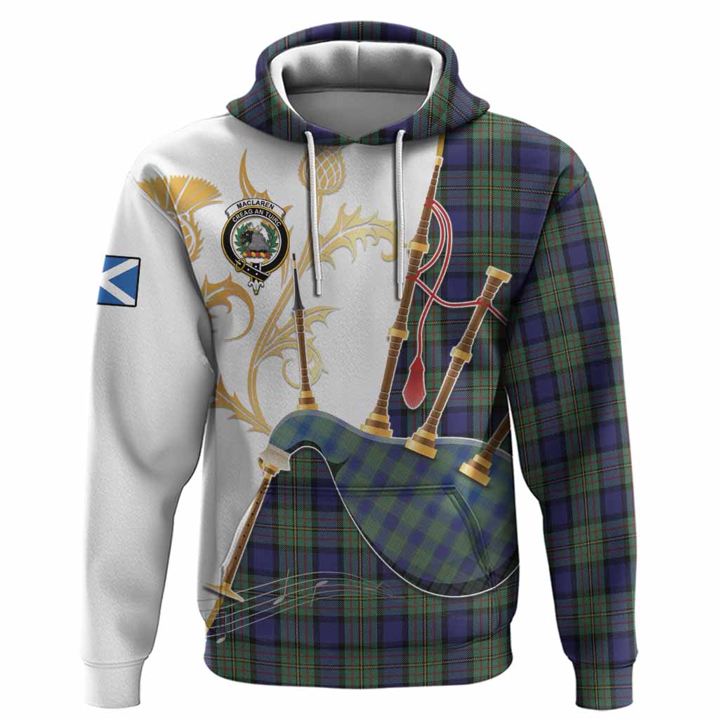MacLaren (McLaren) Tartan Family Crest Hoodie Bagpipes with Scottish Thistle