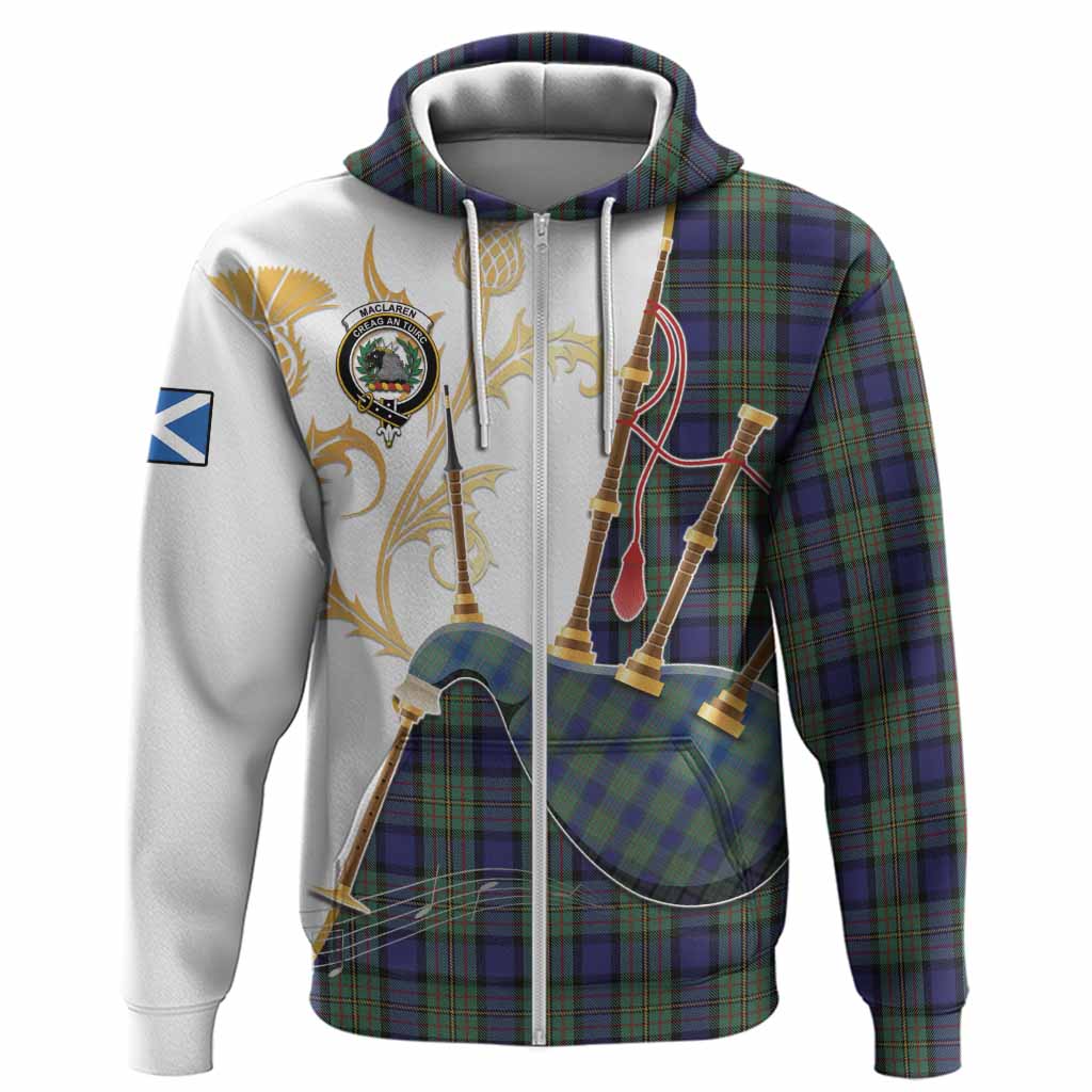 MacLaren (McLaren) Tartan Family Crest Hoodie Bagpipes with Scottish Thistle