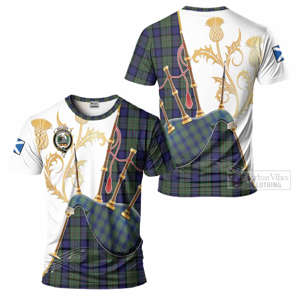 MacLaren (McLaren) Tartan Family Crest T-Shirt Bagpipes with Scottish Thistle