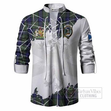 MacLaren (McLaren) Tartan Ghillie Shirt with Family Crest and Lion Rampant Grunge Style