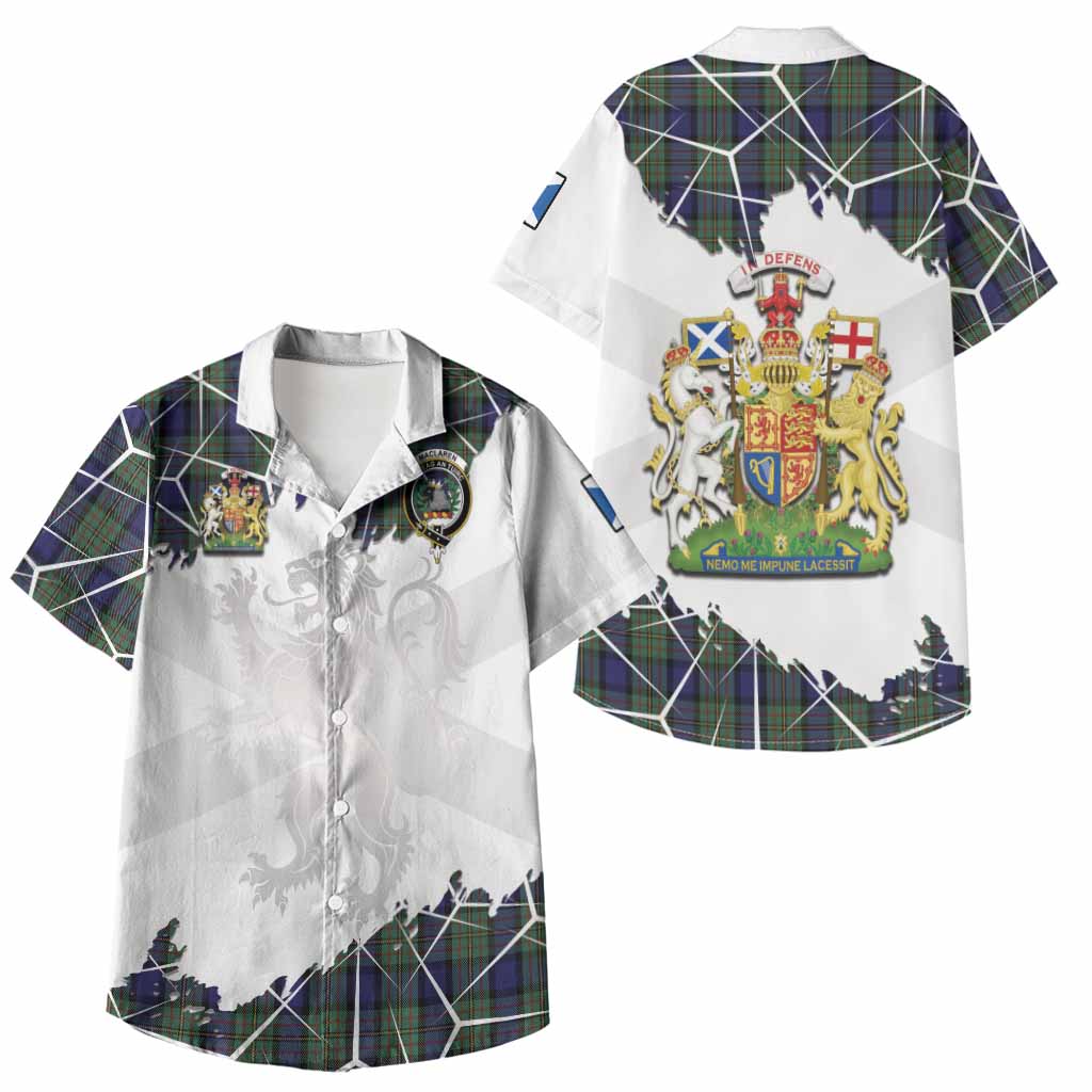 MacLaren (McLaren) Tartan Kid Hawaiian Shirt with Family Crest and Lion Rampant Grunge Style