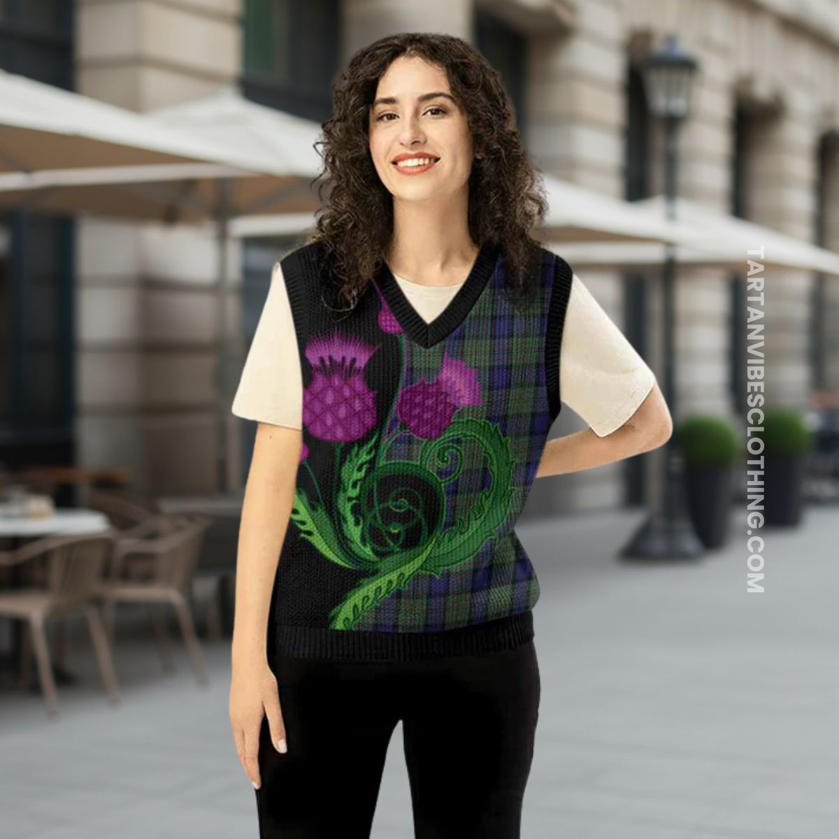 MacLaren (McLaren) Tartan Knitted V-Neck Vest Traditional Scottish Thistle