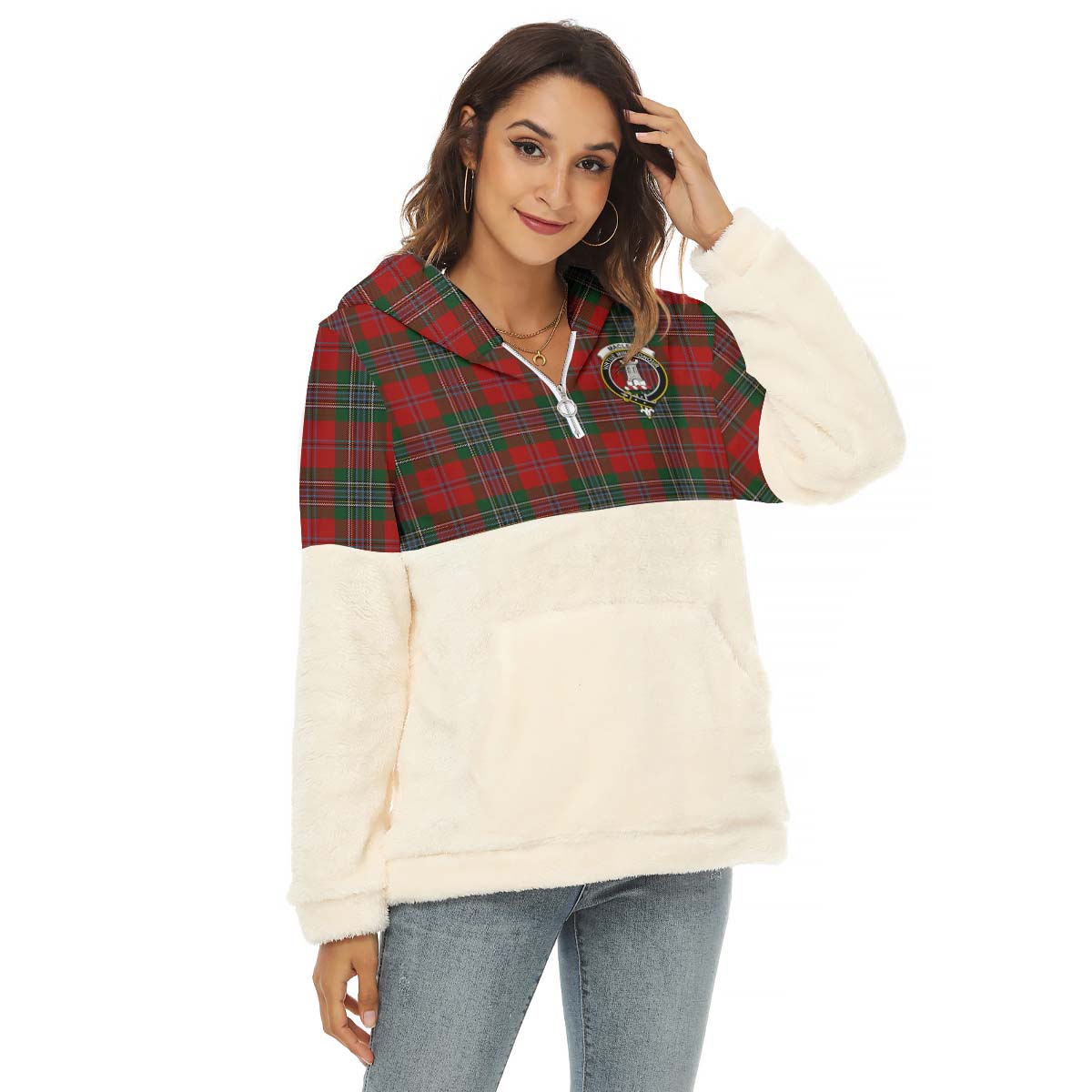 MacLean (McLean) Tartan Women's Borg Fleece Hoodie With Half Zip with Family Crest Female - Tartan Vibes Clothing