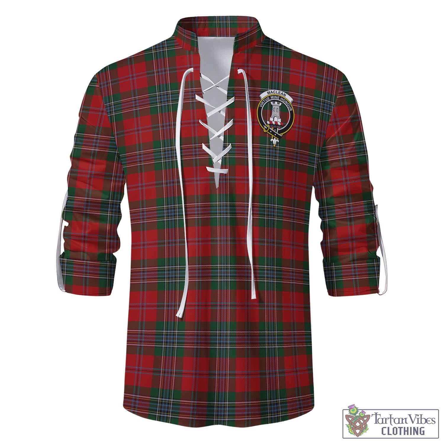Tartan Vibes Clothing MacLean Tartan Men's Scottish Traditional Jacobite Ghillie Kilt Shirt with Family Crest