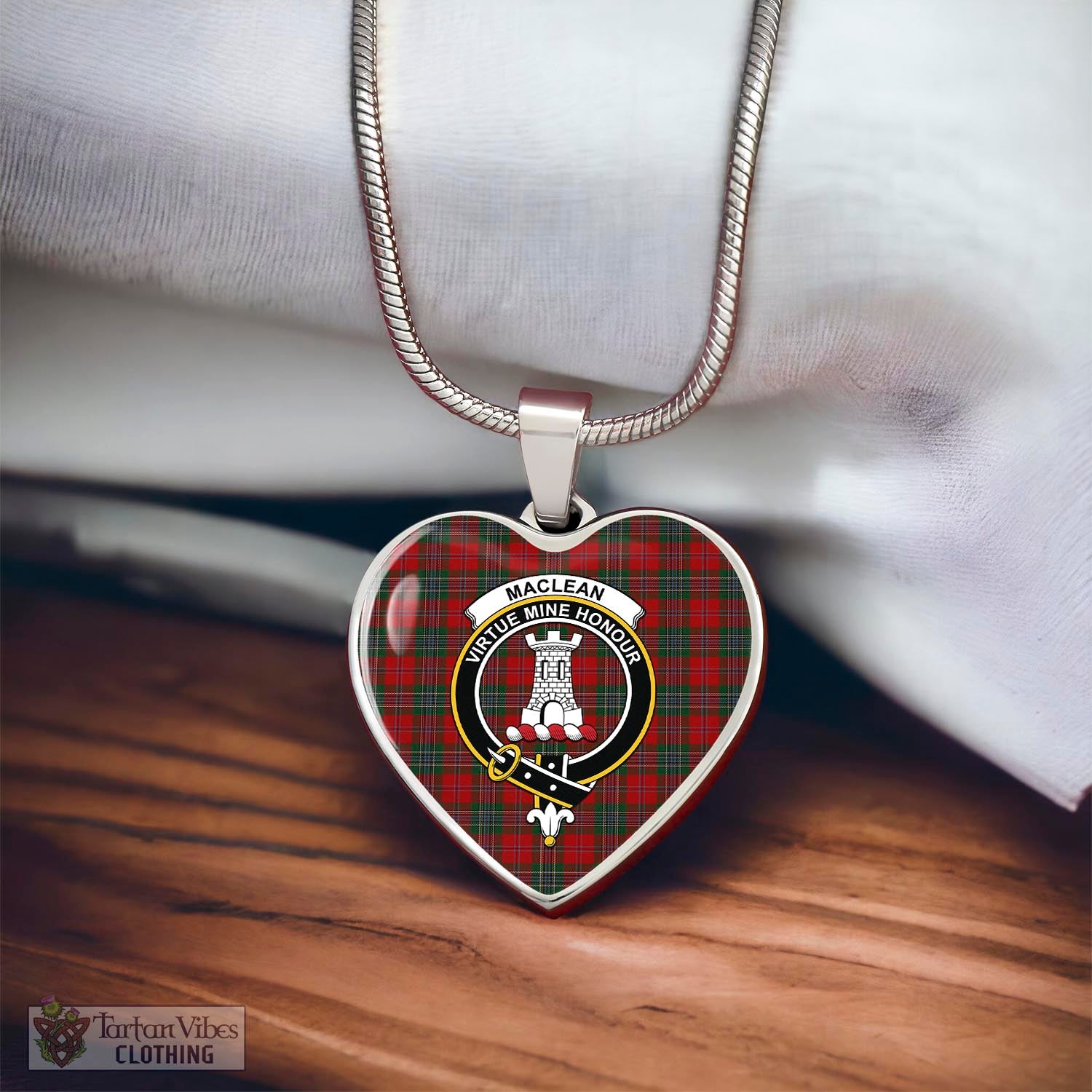 Tartan Vibes Clothing MacLean Tartan Heart Necklace with Family Crest