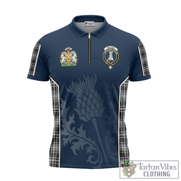 MacLean Black and White Tartan Zipper Polo Shirt with Family Crest and Scottish Thistle Vibes Sport Style