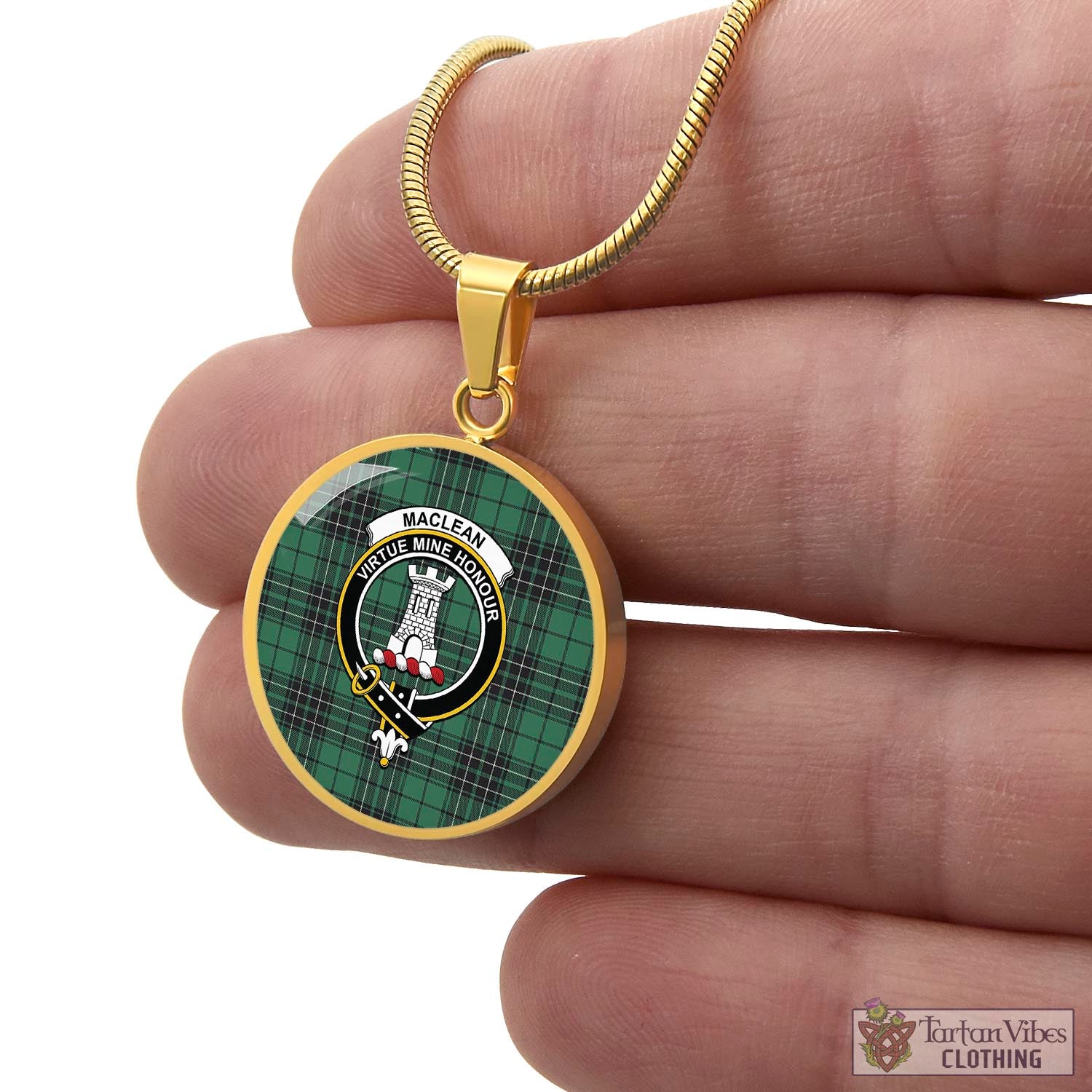 Tartan Vibes Clothing MacLean Hunting Ancient Tartan Circle Necklace with Family Crest