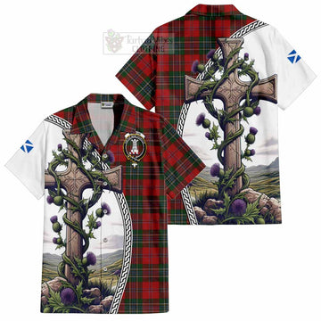 MacLean (McLean) Tartan Hawaiian Shirt with Family Crest and St. Andrew's Cross Accented by Thistle Vines