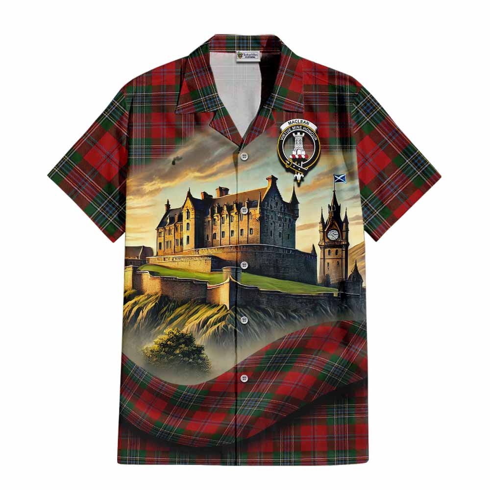 Tartan Vibes Clothing MacLean (McLean) Tartan Family Crest Short Sleeve Button Shirt with Scottish Ancient Castle Style