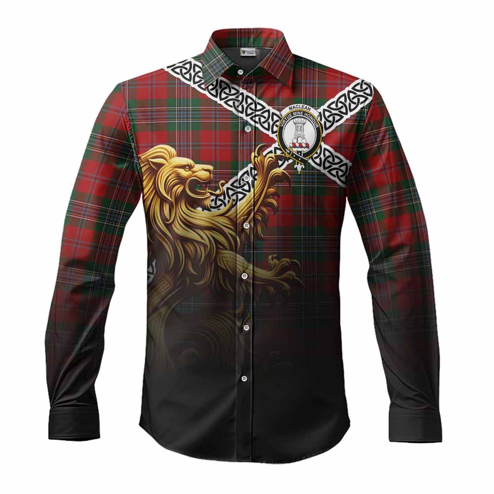Tartan Vibes Clothing MacLean (McLean) Crest Tartan Long Sleeve Button Shirt with Golden Lion Emblem Celtic Style