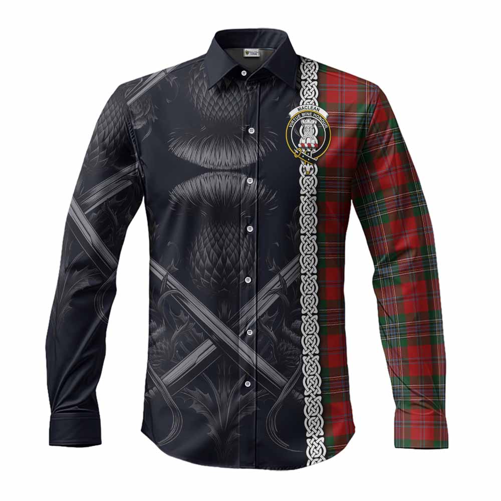 Tartan Vibes Clothing MacLean (McLean) Tartan Long Sleeve Button Shirt with Family Crest Cross Sword Thistle Celtic Vibes