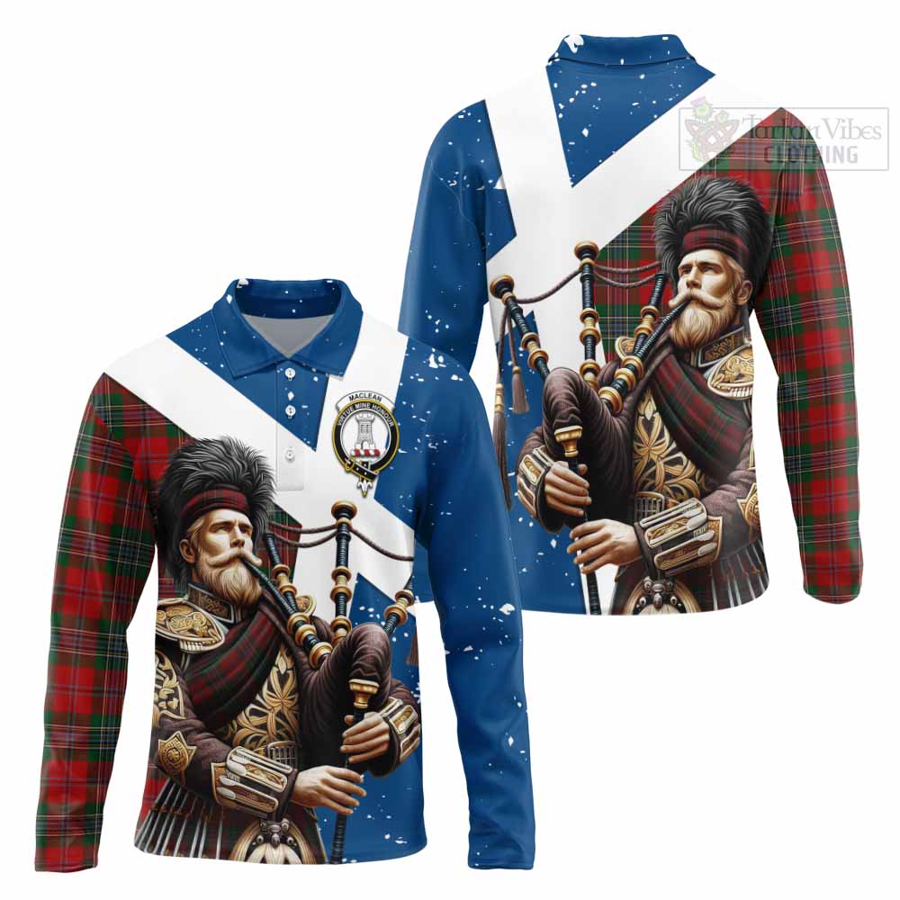Tartan Vibes Clothing MacLean (McLean) Tartan Long Sleeve Polo Shirt with Family Crest Scottish Bagpiper Vibes
