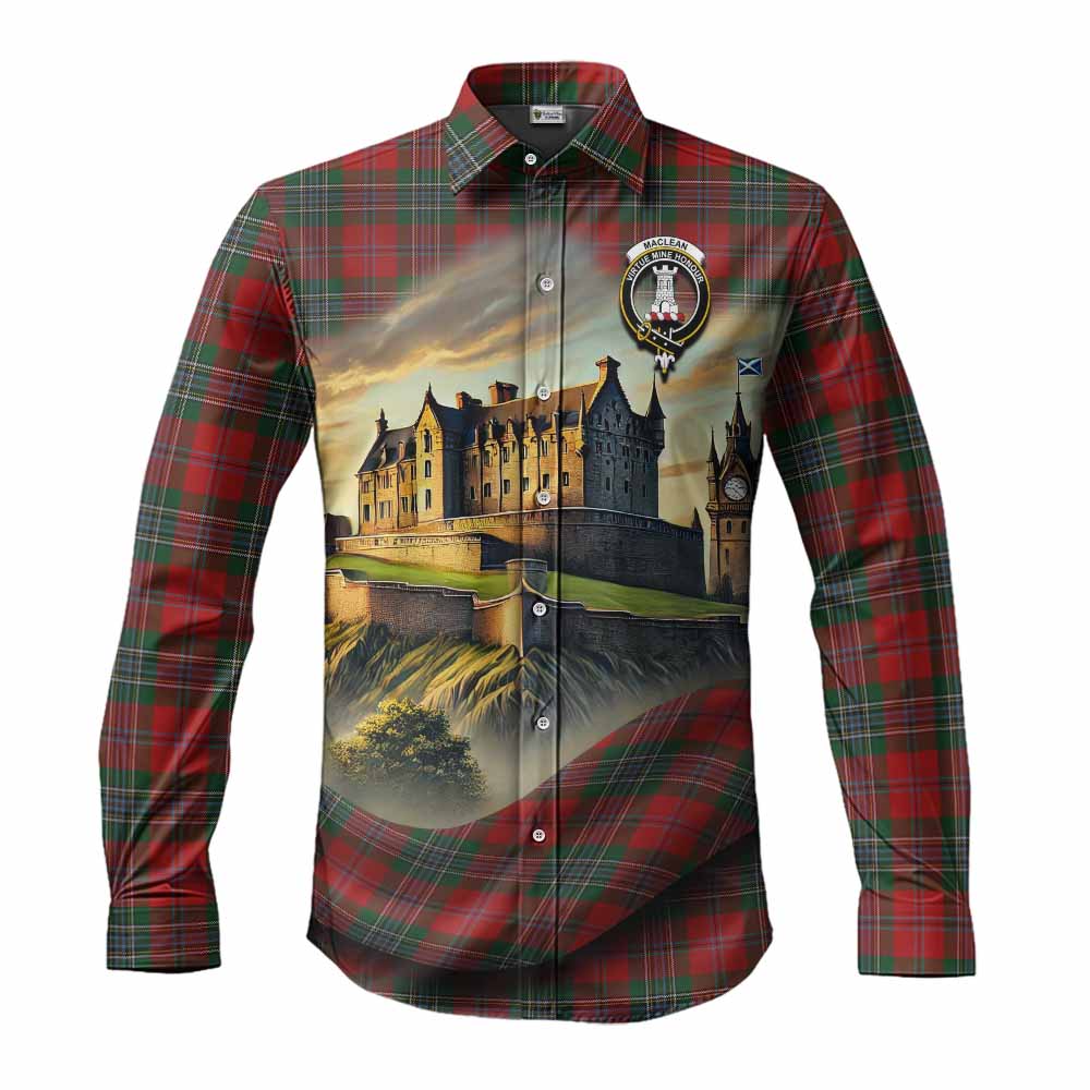 Tartan Vibes Clothing MacLean (McLean) Tartan Family Crest Long Sleeve Button Shirt with Scottish Ancient Castle Style