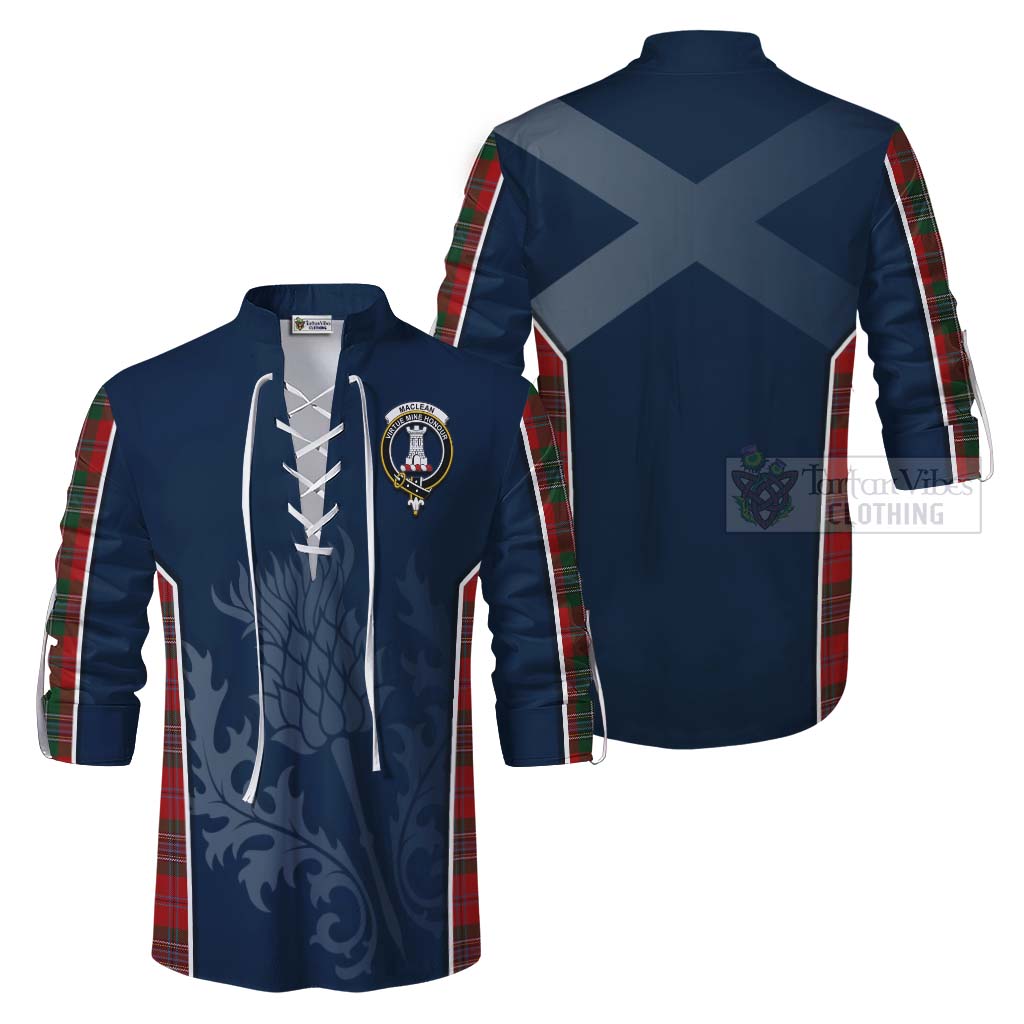 Tartan Vibes Clothing MacLean (McLean) Tartan Ghillie Kilt Shirt with Family Crest and Scottish Thistle Vibes Sport Style