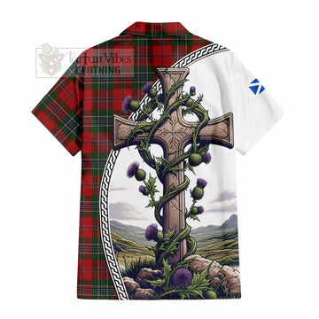 MacLean (McLean) Tartan Hawaiian Shirt with Family Crest and St. Andrew's Cross Accented by Thistle Vines