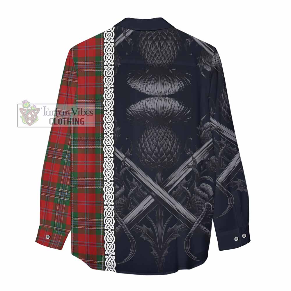 Tartan Vibes Clothing MacLean (McLean) Tartan Women's Casual Shirt with Family Crest Cross Sword Thistle Celtic Vibes
