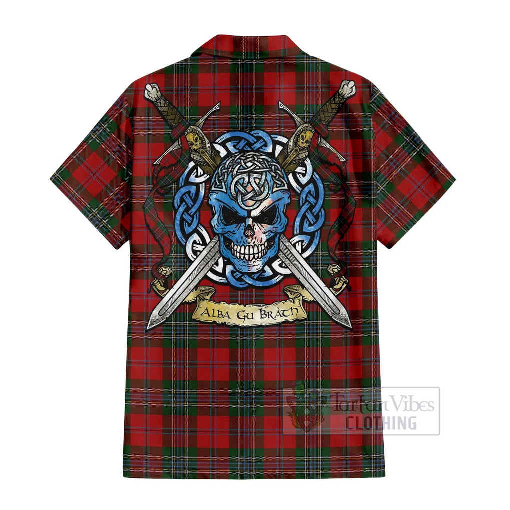 Tartan Vibes Clothing MacLean (McLean) Tartan Short Sleeve Button Shirt with Family Crest Celtic Skull Style