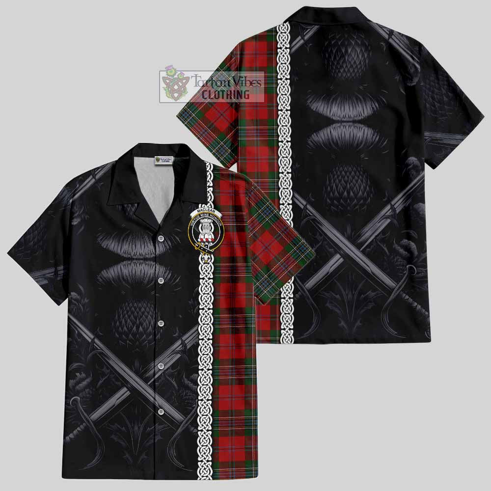 Tartan Vibes Clothing MacLean (McLean) Tartan Short Sleeve Button Shirt with Family Crest Cross Sword Thistle Celtic Vibes