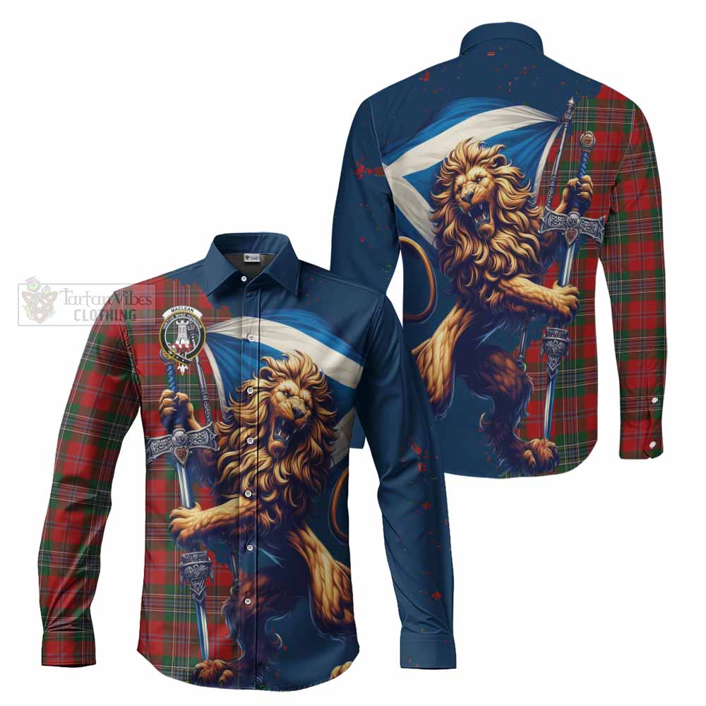 Tartan Vibes Clothing MacLean (McLean) Tartan Family Crest Long Sleeve Button Shirt with Scottish Majestic Lion