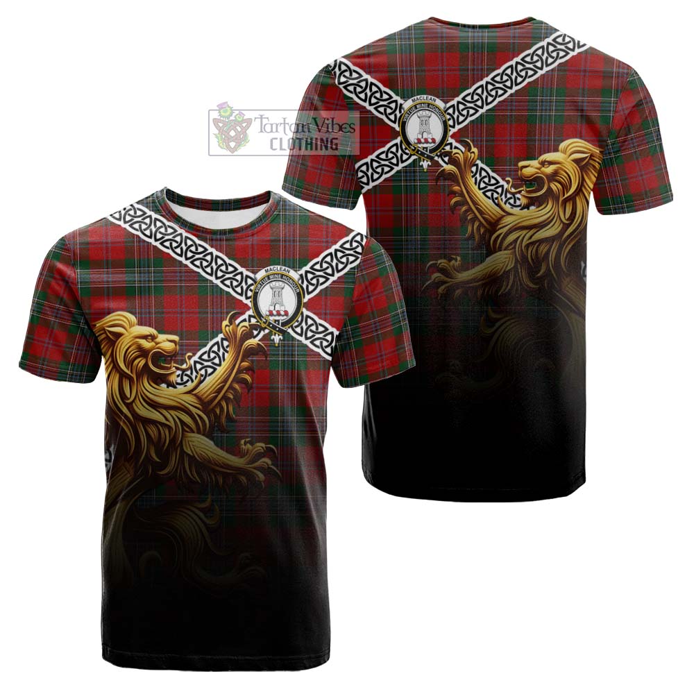 Tartan Vibes Clothing MacLean (McLean) Crest Tartan Cotton T-shirt with Golden Lion Emblem Celtic Style