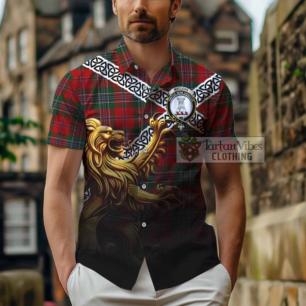 Tartan Vibes Clothing MacLean (McLean) Crest Tartan Short Sleeve Button Shirt with Golden Lion Emblem Celtic Style