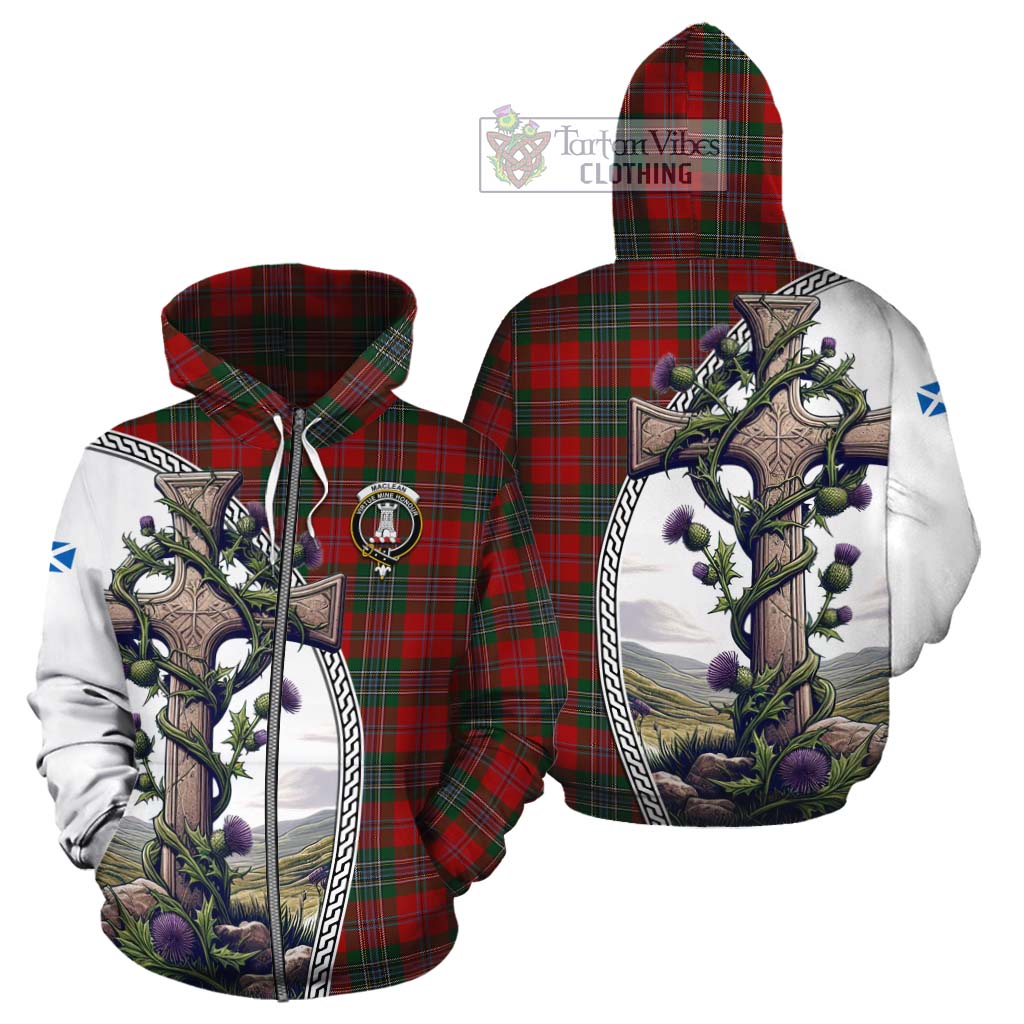 Tartan Vibes Clothing MacLean (McLean) Tartan Cotton Hoodie with Family Crest and St. Andrew's Cross Accented by Thistle Vines