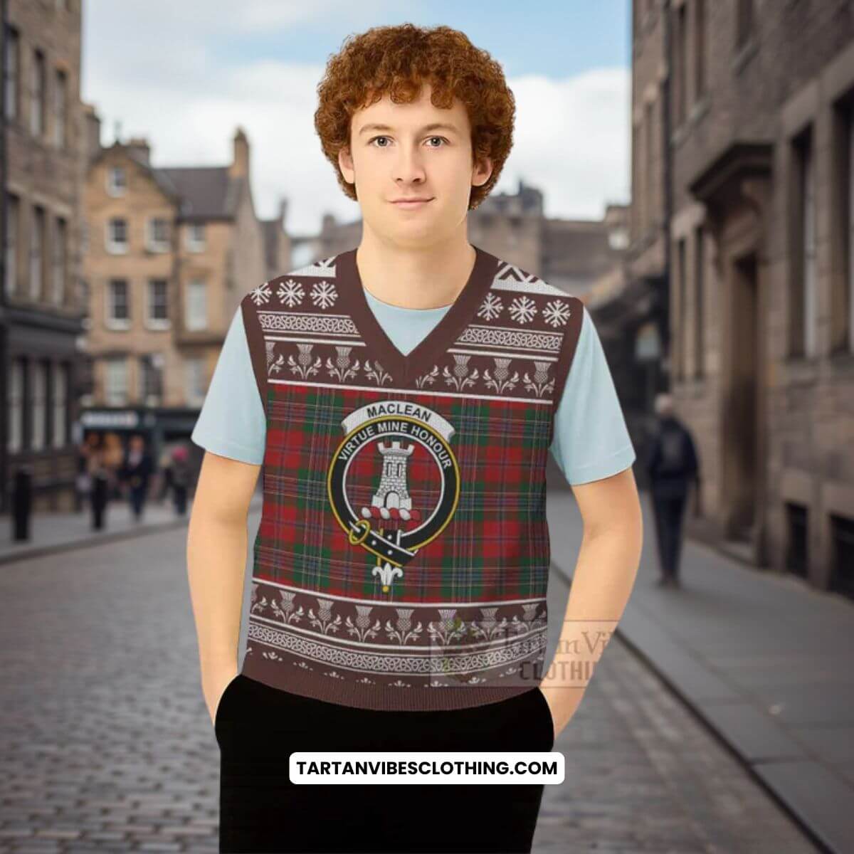 MacLean (McLean) Clan Tartan Christmas Knitted V-Neck Vest with Family Crest