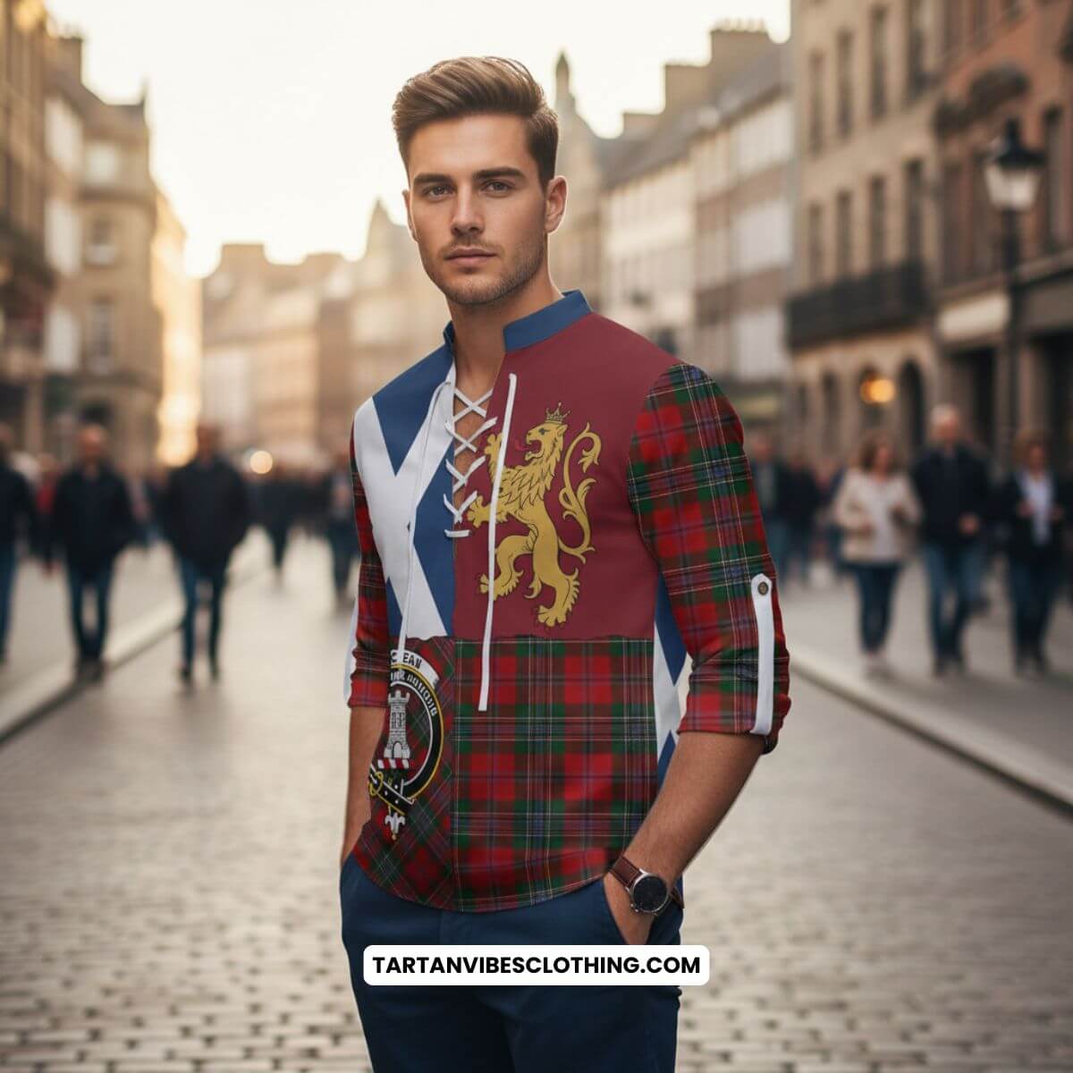 MacLean (McLean) Crest Tartan Ghillie Shirt with Lion Rampant Saltire Style