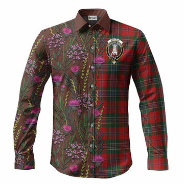 MacLean (McLean) Family Crest Tartan Long Sleeve Button Shirts Scottish Thistle Flower Pattern Half Style - Tartan Vibes Clothing