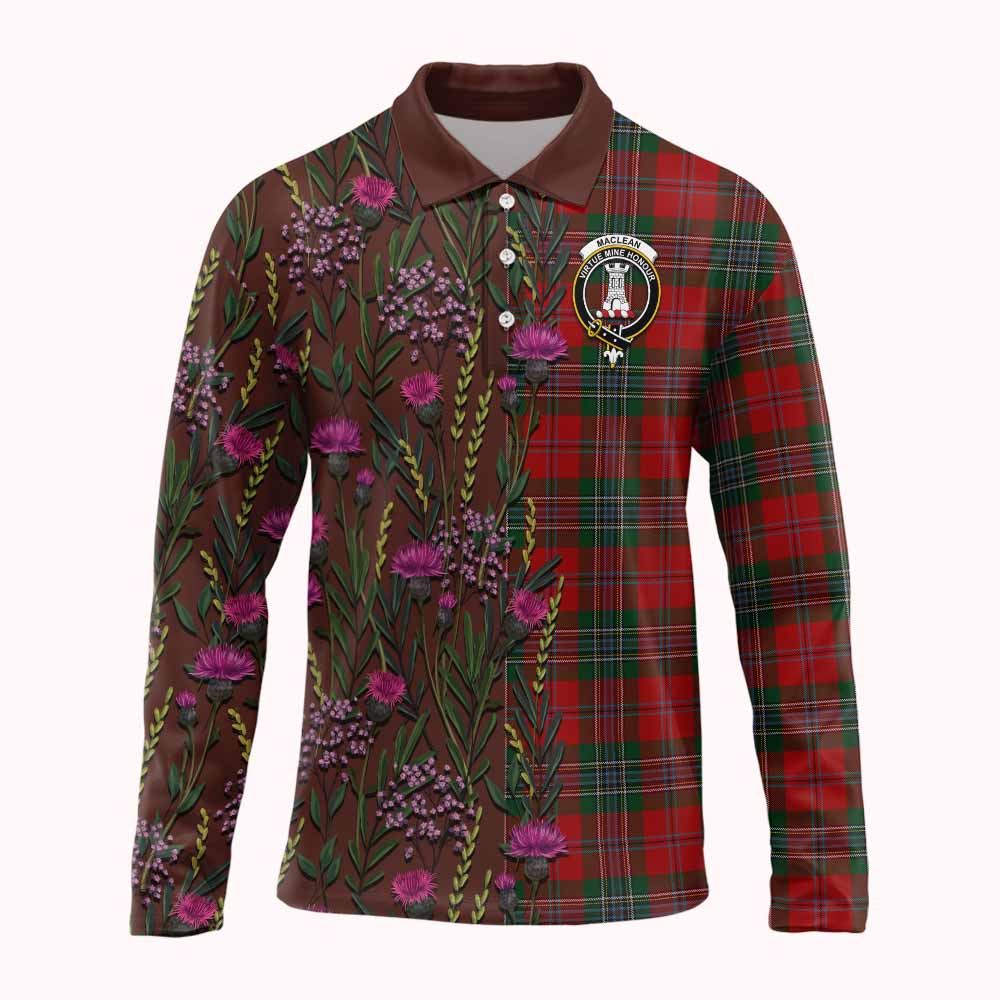 MacLean (McLean) Family Crest Tartan Long Sleeve Polo Shirt Scottish Thistle Flower Pattern Half Style - Tartan Vibes Clothing